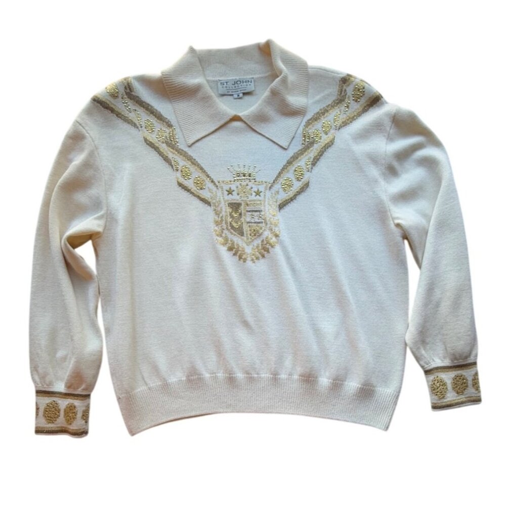 Vintage St. John Collection White Gold Crest Knit‎ Sweater Collared Medium USA